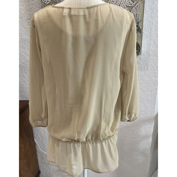 Chicos Beige Sheer Blouse Sequin Embellished Neckline & Cinched Waist Size M - Picture 5 of 12